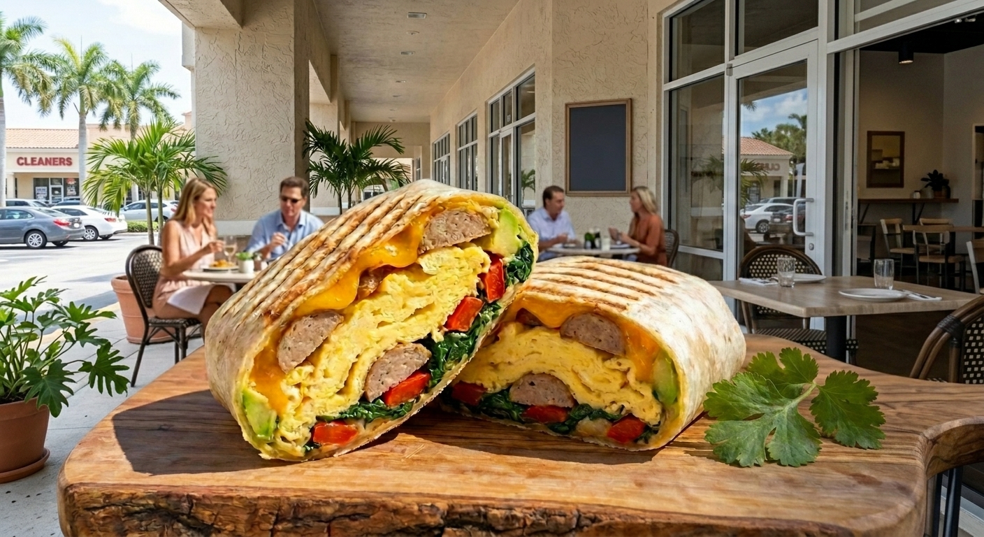 A hearty breakfast wrap filled with eggs, protein, fresh vegetables, and healthy fats in Boca Raton