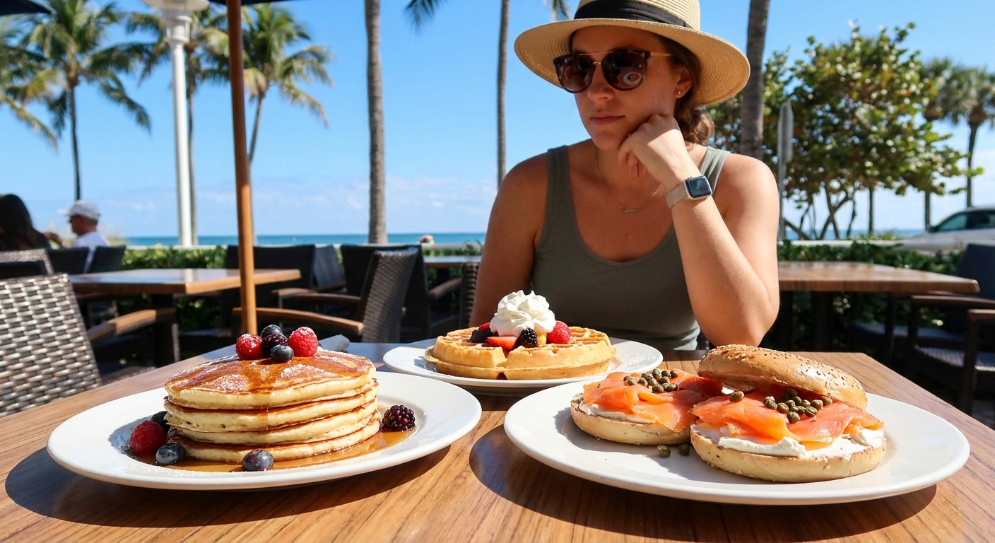 Breakfast choices in Boca Raton: pancakes, waffles, and bagels on a table