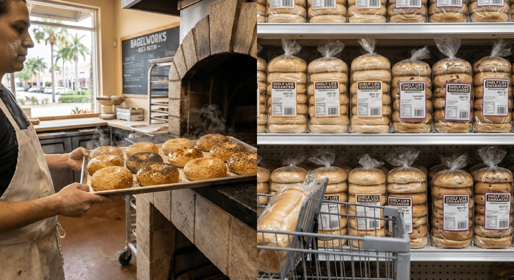 Comparison of fresh bakery bagels and store bought bagels showing texture and quality difference